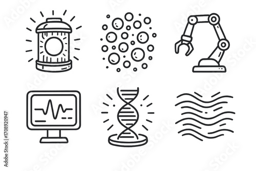 Science and technology linear icon set. featuring virus, cell, robot, monitor, dna, waves