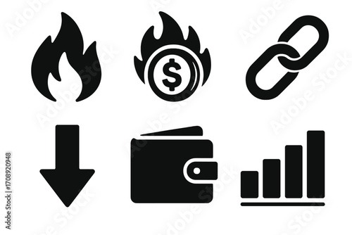 Finance and business silhouette icon set. featuring fire, currency, link, download, wallet, and growth symbols