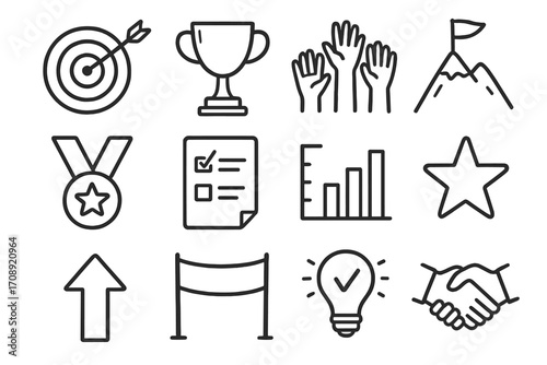 Achievement linear icon set. featuring target, trophy, teamwork, goal, medal, checklist, graph, star, growth, finish line, idea, handshake symbols
