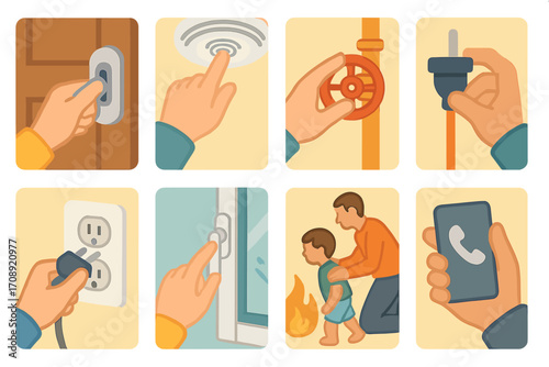 Home safety flat icon set. featuring button, smoke detector, valve, plug, socket, window lock, emergency, phone symbols
