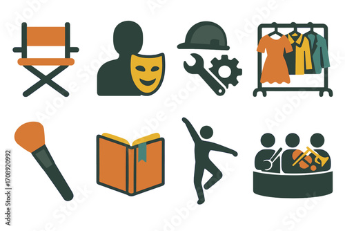 Theater and performing arts silhouette icons set. featuring director's chair, mask, costume, microphone, and book