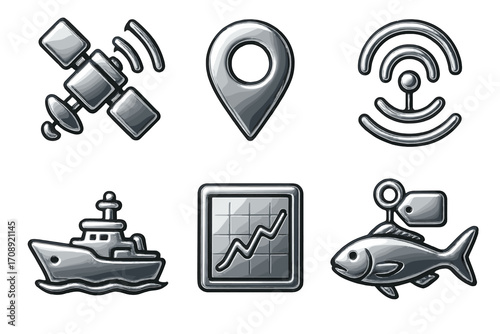Nautical communication silhouette icon set. featuring satellite, location, signal, ship, graph, fish symbols