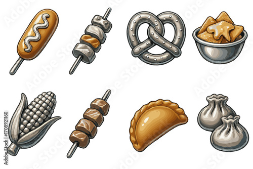 Food silhouette icons set. featuring corn dog, kebab, pretzel, nachos, corn, empanada, dumplings