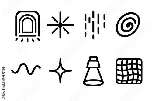 Abstract holographic linear icon set. featuring waves, stars, swirls, grids, sparkles, and vortex symbols