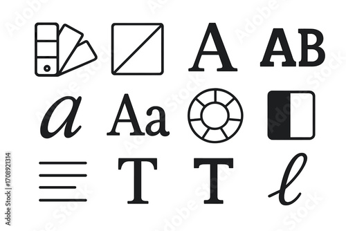 Typography silhouette icon set. featuring font, text, alphabet, bold, italics, and alignment symbols