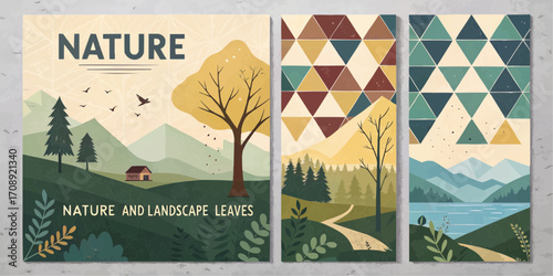 Three panel nature scene featuring trees mountains birds and a geometric design in a decorative arrangement