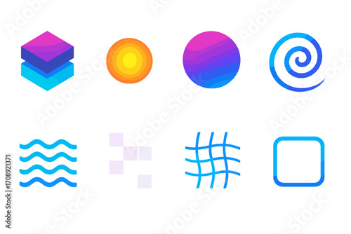 Abstract shapes neon icon set. featuring cube, circle, swirl, wave, grid, and square symbols