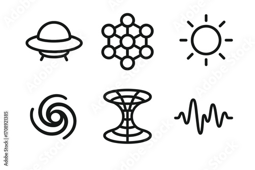 Science and space silhouette icon set. featuring ufo, atom, sun, galaxy, wormhole, wave symbols