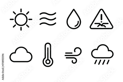Weather linear icon set. featuring sun, wind, humidity, caution, cloud, thermometer, breeze, rain icons