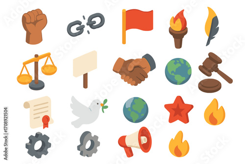 Peace and justice flat icons set. dove, balance scale, torch, globe, handshake, flag, megaphone, scroll
