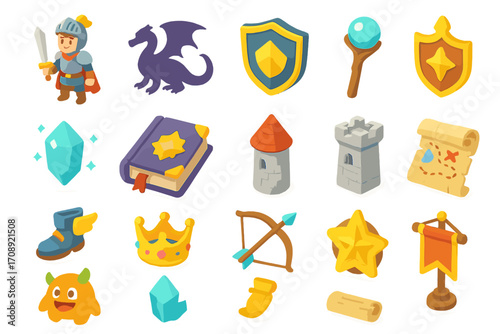 Fantasy adventure flat icon set. featuring knight, dragon, shield, castle, magic wand, and treasure map