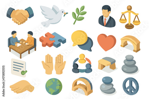 Peace and unity isometric icon set. featuring handshake, dove, balance, dialogue, heart, and peace symbols