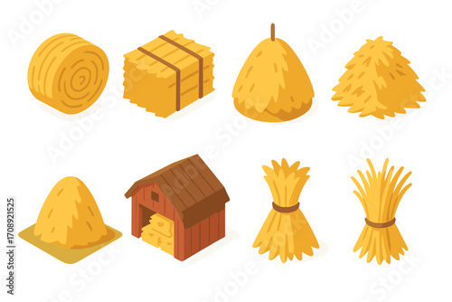 Farm produce flat icon set. featuring hay bale, haystack, barn, straw bundle, and silo symbols