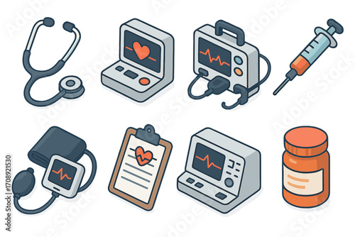Medical equipment 3d icon set. featuring stethoscope, monitor, defibrillator, syringe, blood pressure monitor, clipboard, and medicine bottle.