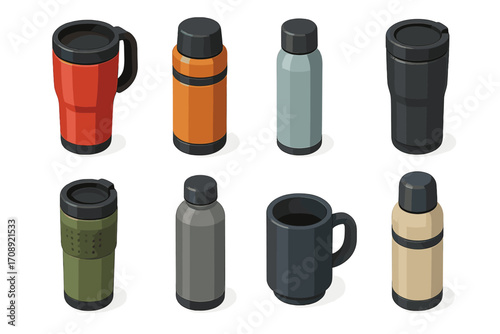 Travel mugs isometric icon set. featuring red, orange, green, and black insulated bottles and cups
