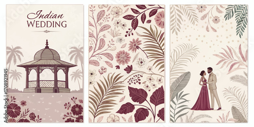Three indian wedding themed illustrations with gazebo, floral pattern and couple in botanical frame