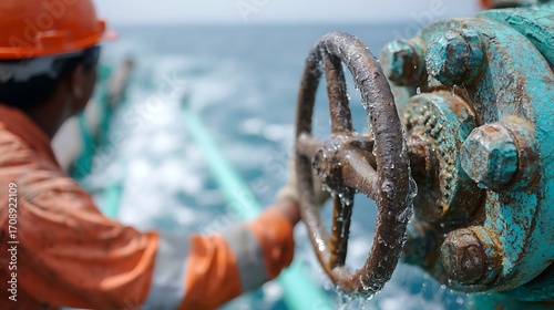 A seafarer in an orange helmet and orange life jacket, operating a valve on a pipeline in the ocean.