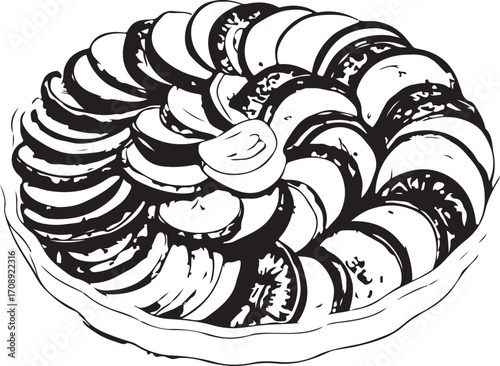Ratatouille French Dish Cuisine of France Vector Illustration, Sketch Drawing Line Linear Symbol Icon Engraving Coloring Book, Hand-drawn Doodle Black and White Isolated