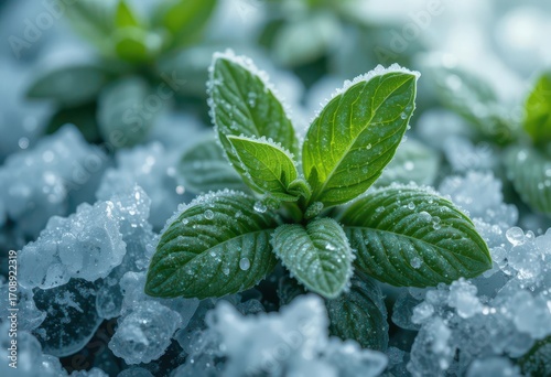 Icy Mint Leaves Macro  Showing the Detail of Frozen Mint and Condensed Water, Frozen Theme