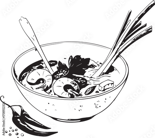 Tom Yum soup Thai Cuisine of Thailand Vector Illustration, Sketch Drawing Line Linear Symbol Icon Engraving Coloring Book, Hand-drawn Doodle Black and White Isolated