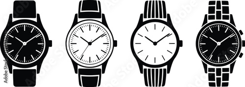 Stylized wristwatch icon set with varied faces and straps symbolizing fashion, timekeeping, and personal accessories