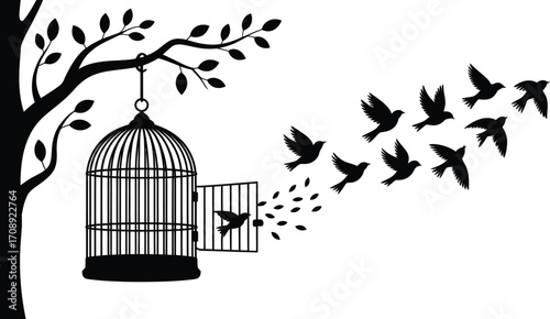 Tree with open birdcage and flying birds vector symbolizing freedom, release, emotional liberation, and mental clarity