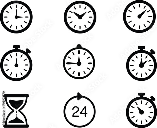 Timekeeping icon set with clocks, stopwatches, hourglass, and 24-hour symbol representing scheduling and daily routines