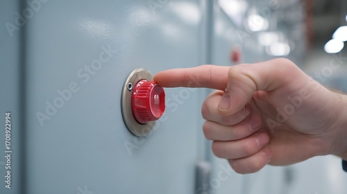 A hand presses a red button on a gray surface, creating a sense of urgency or alertness.