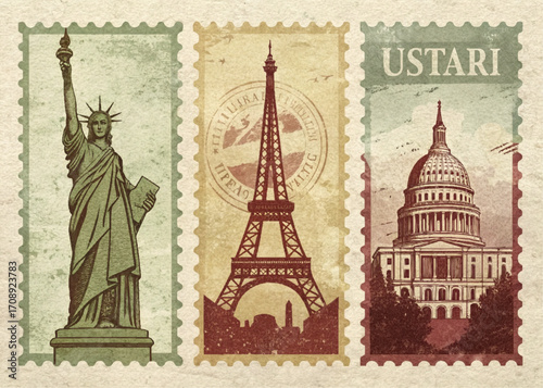 Illustration of three postage stamps featuring the statue of liberty eiffel tower and us capitol building