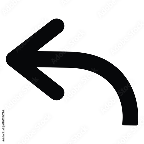 Curved black arrow pointing left, symbolizing return, backward movement, or a previous step in a clean and concise manner