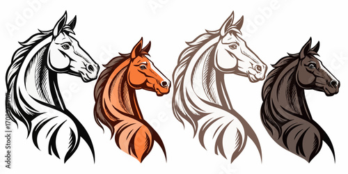 Four horse heads in different colors and styles facing right with flowing manes in an illustration