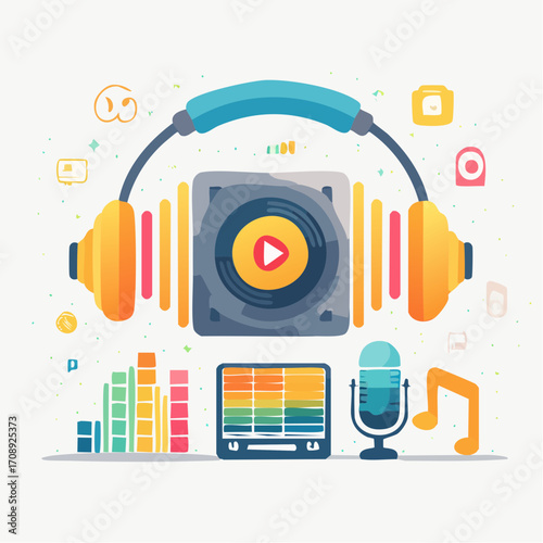 Digital illustration of a vibrant audio experience, featuring headphones, microphone, and equalizer for music, podcasting, and entertainment