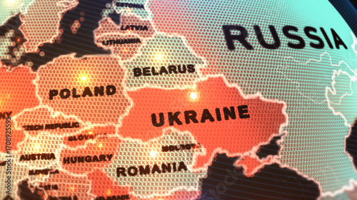 This is a digitally rendered map of Eastern Europe, focusing on Ukraine and its surrounding countries. The map highlights Ukraine in bold red with large black text, 3d rendering, Illustration,