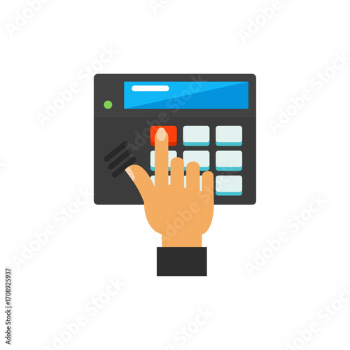 Hand pressing buttons on a security alarm keypad for home safety