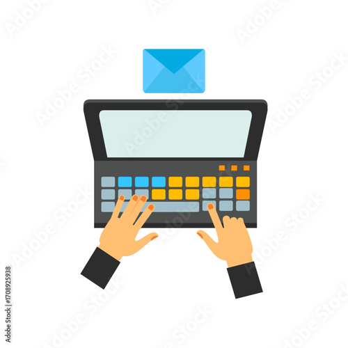 Concept of digital communication with hands typing on a laptop to send an email