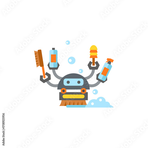 Robot Cleaning Agent Illustration Depicting Automated Cleaning Tools and Supplies