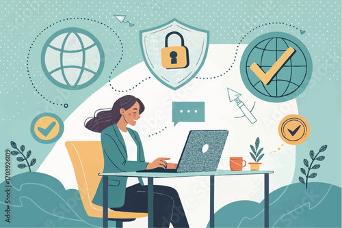 Illustration of woman at desk with laptop, globe, shield, and checkmark icons for online security