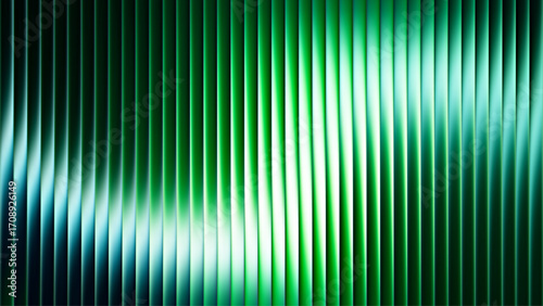 Futuristic glowing fractal glass with luminous green and cyan wave flowing through ribbed texture from emerald green to bright turquoise. Bold dynamic design for modern visual art projects. Vector