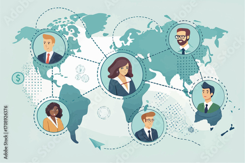 Illustration of a global network with diverse professionals connected across a world map background