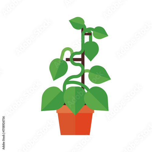 Stylized Illustration of a Potted Plant with Green Leaves and a Trellis