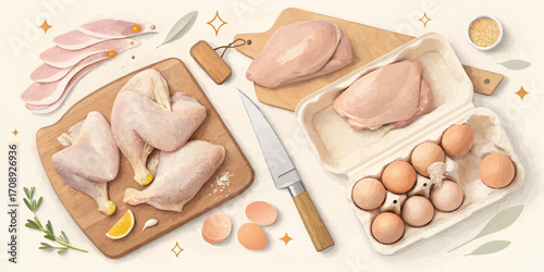 Overhead view of raw chicken pieces, breasts, eggs, and cooking preparations on cutting boards and trays