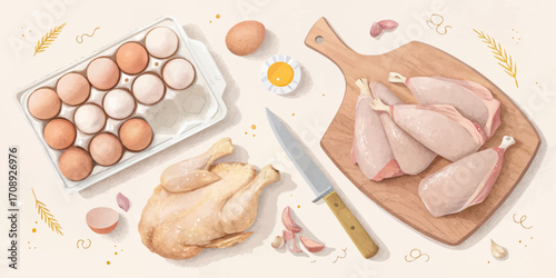 Overhead view of raw chicken, chicken pieces, and eggs arranged on a light surface for cooking prep