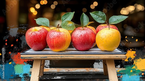 Still life with apples on a wooden table amidst a backdrop of bokeh lights and splashes of color