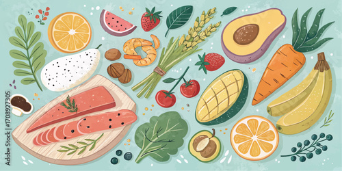 A vibrant array of healthy foods including fruits, vegetables, seafood, and nuts arranged on a light background