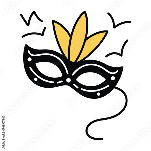 Ornate masquerade mask doodle, decorated with feathers and birds, perfect for designs related to mystery, elegance, and festive occasions