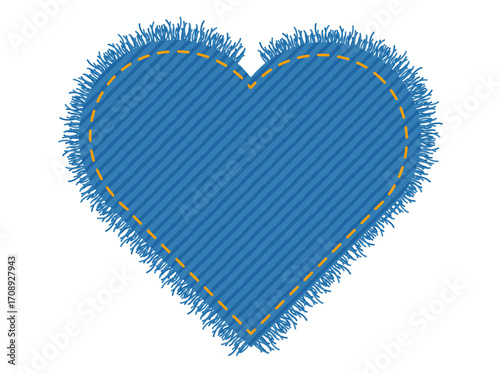 Patch denim heart shape with stitches seam torn Frayed edges jeans label fashion illustration. Flat apparel blue color template isolated on white background