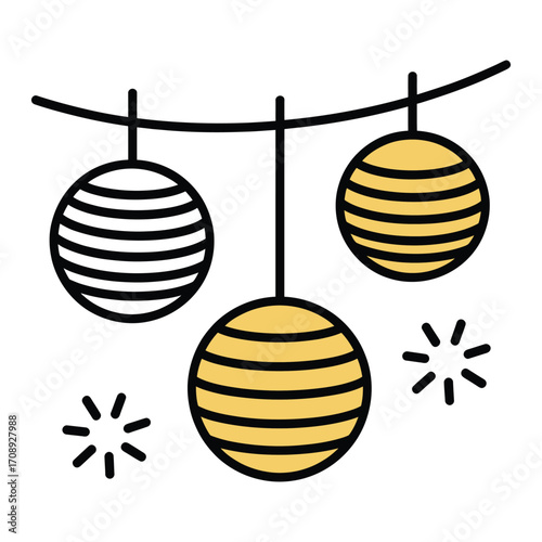 Illustration of disco balls hanging from a string, the balls are yellow and black, creating a retro and party atmosphere