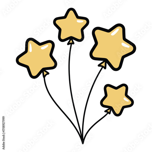 Illustration of star balloons floating upwards, the stars are yellow with a black outline, creating a festive and celebratory mood