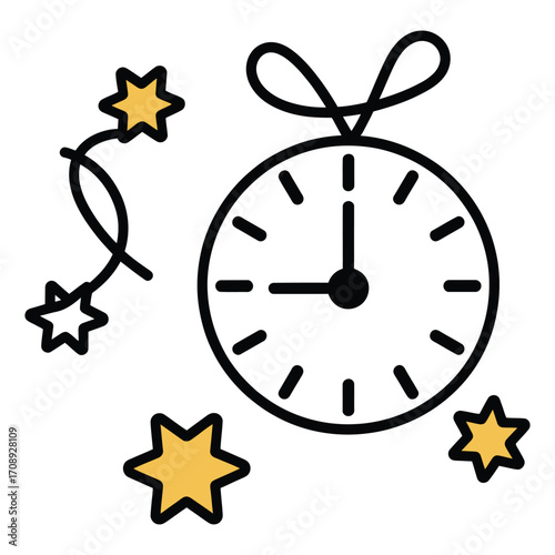 Illustration of a clock with stars, a whimsical representation of time, possibly alluding to a special occasion or celebration