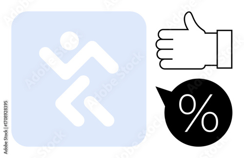 Running figure in blue square, thumbs-up representing approval, percentage bubble illustrating goals. Ideal for fitness, progress tracking, motivation, performance, health, approval metrics simple